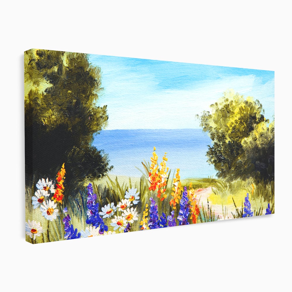 Tablou canvas cu tablou canvas cu peisaj marin si flori de camp, fara rama, pe sasiu de lemn